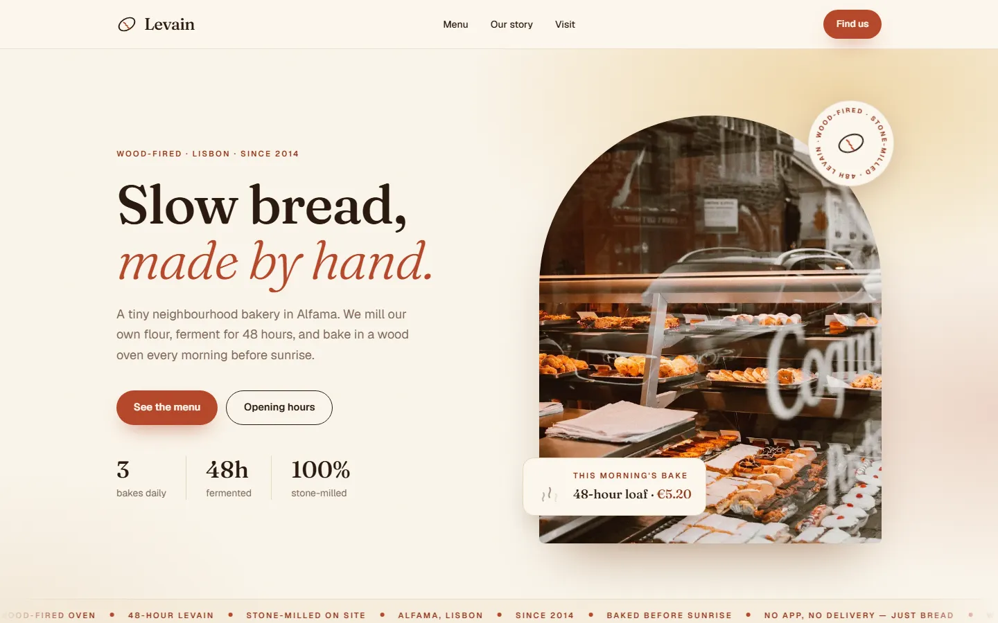 Levain, Artisan bakery website, homepage