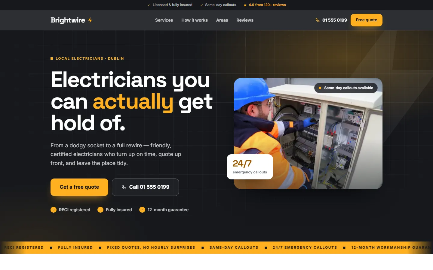 Brightwire, Electrical services website, homepage